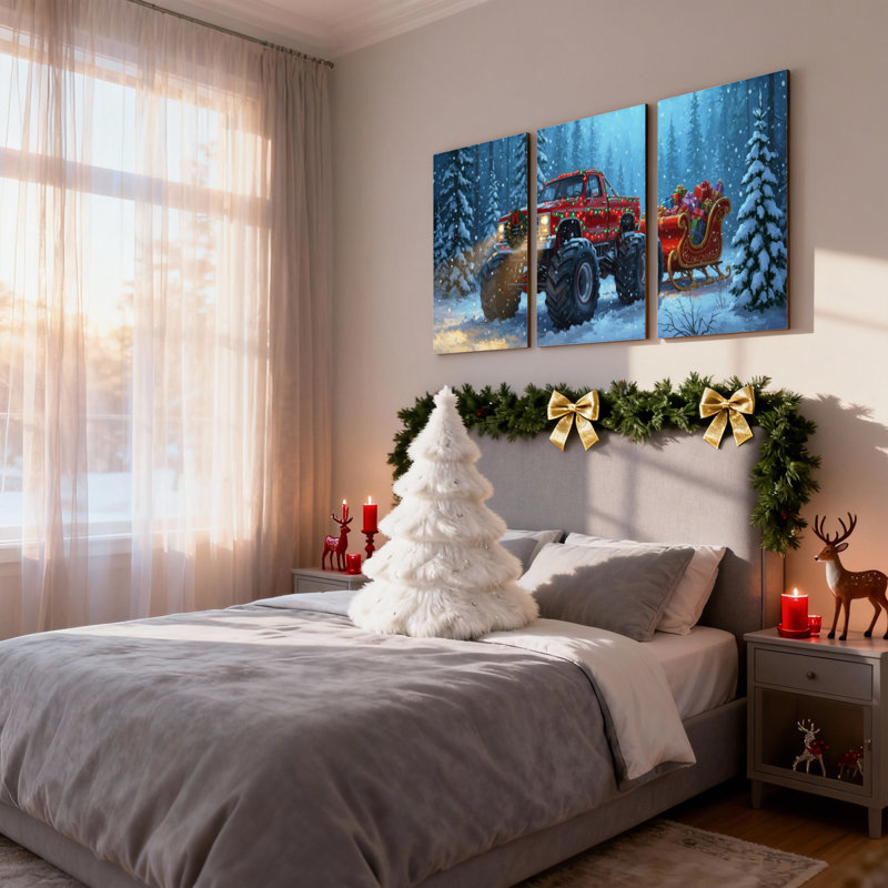 Camion de Noël de Noël tirant un traîneau dans la forêt enneigée, ensemble de 3 impressions d'art sur toile, 18" H x 36" W