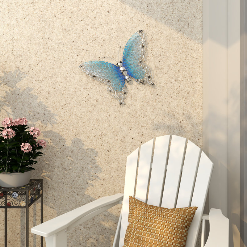 Metal Indoor Outdoor Butterfly Wall Decor, 16" H x 21" W x 1" D, Blue