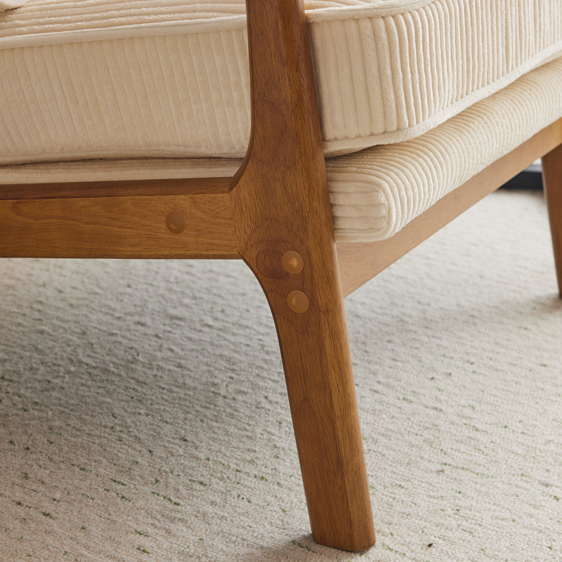 Lemley Mid Century Solid Wood Accent Chair Upholstered Armchair with an Extra Pillow, Cream Corduroy