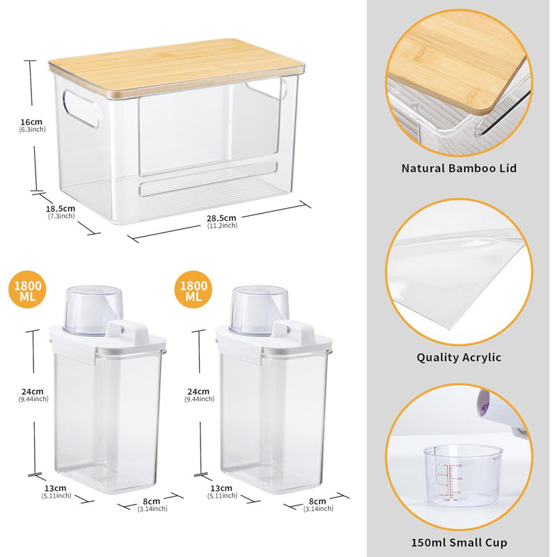 Ensemble d'organisation de buanderie 3 en 1 avec couvercles en bambou, sac à ordures en acrylique transparent et distributeur de détergent pour la lessive, la cuisine et l'évier