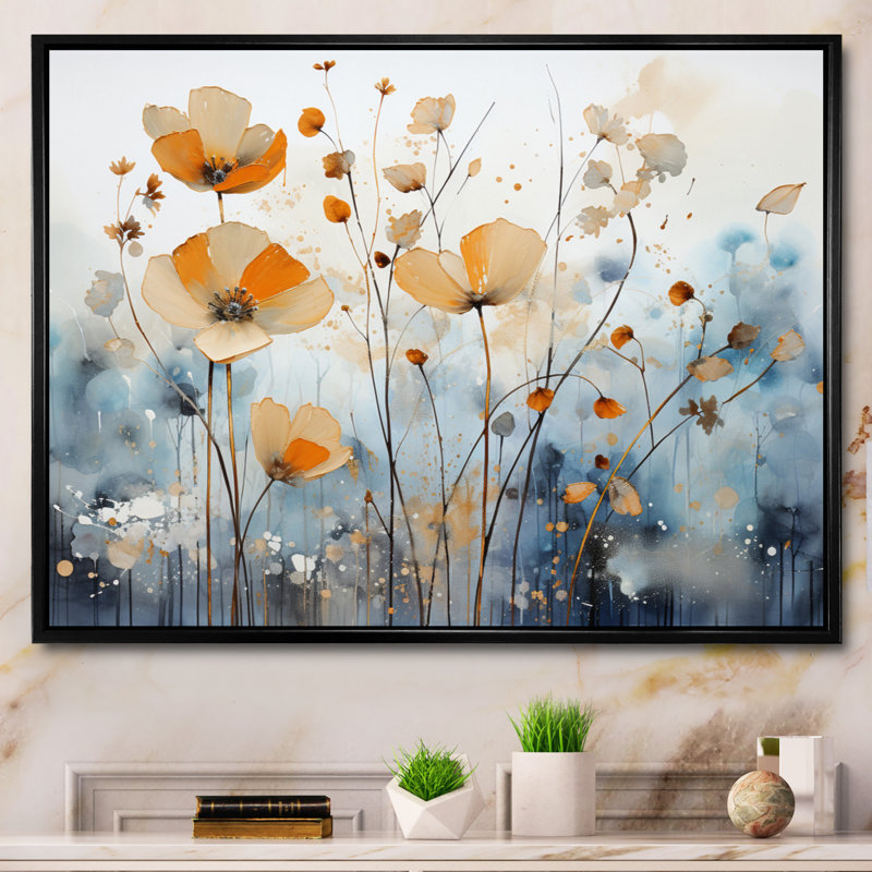 Art sur toile, "Orange Mute Botanicals II", Cadre flottant noir, H 12 po x l 20 po x P 1 po