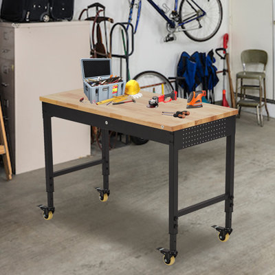 48 x 24 Inch Heavy-Duty Adjustable Workbench with Rubberwood Top, Rolling Work Table with Power Outlets