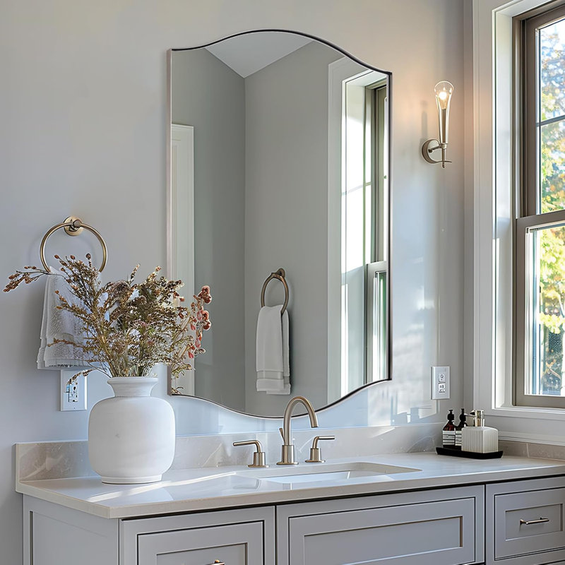 Dual Arch Scalloped Rectangular Bathroom Wall Mirror | Stainless Steel Frame, Brushed Nickel, 48" x 30"
