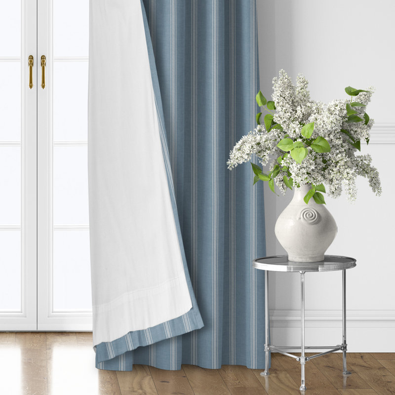 Shay Broad Ticking Stripe Cornflower Cotton Rod Pocket Drapery Panel Set of 2, 50" W  x 60" L