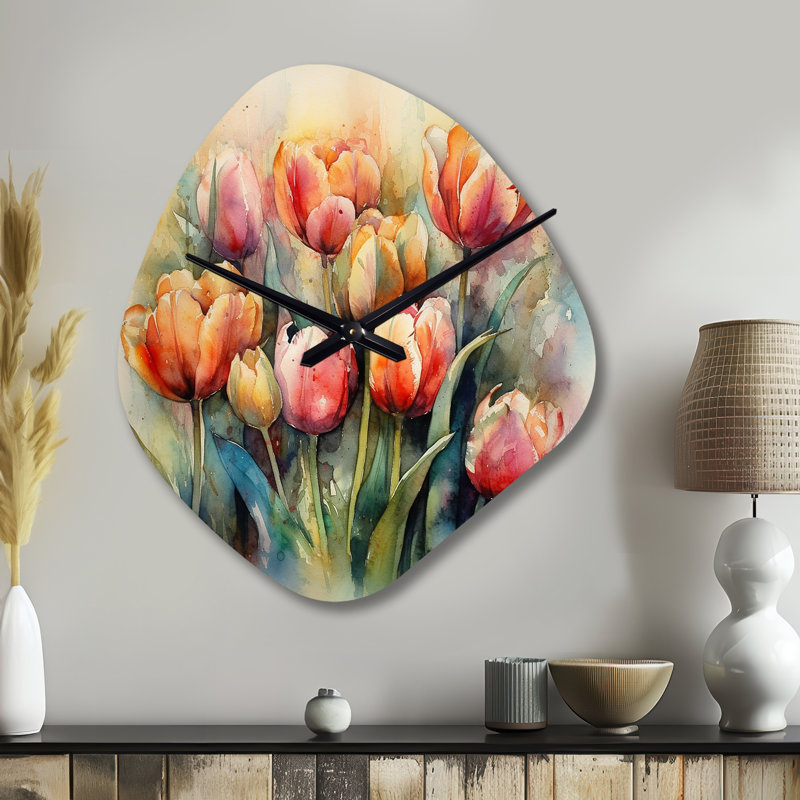 Orange Serenade Of Tulips - Tulip Unique Shape Metal Wall Clock, Orange Asymmetrical Clock Print, Small