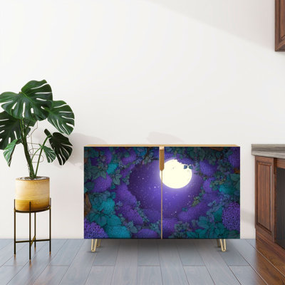 Sideboard Buffet Cabinet with Storage Full Moon Night Sky Framed by Purple Blossoms Green Leaves with 2 Doors for Living Room and Kitchen