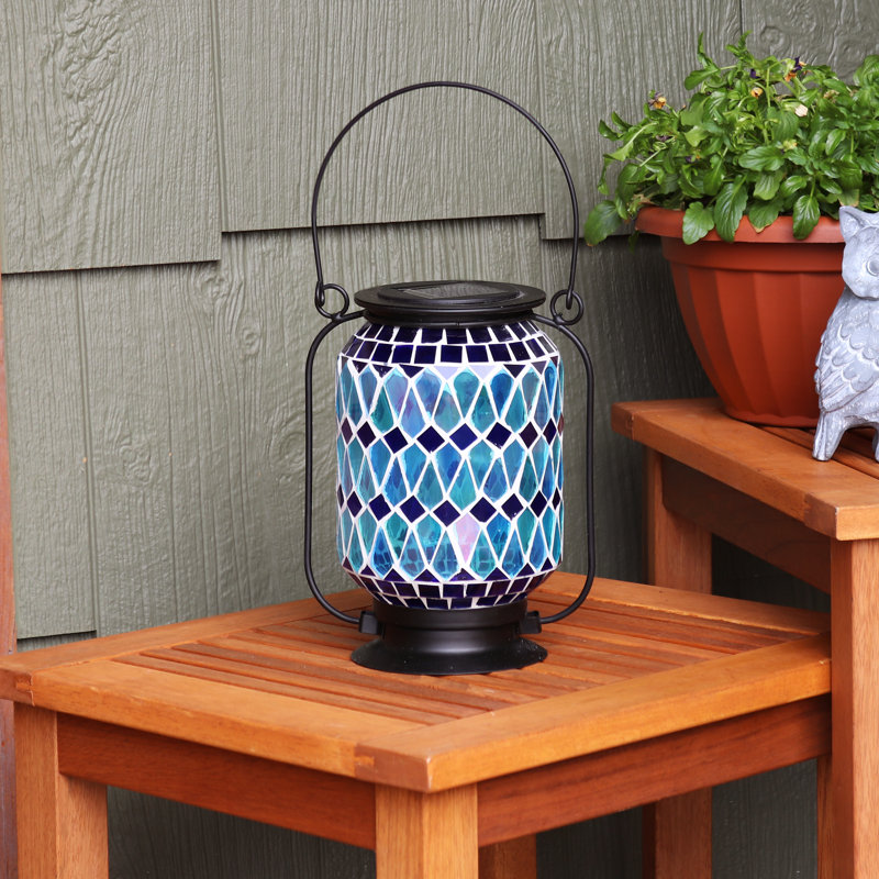 Cool Blue Mosaic Glass Solar LED Outdoor Lantern with Metal Frame