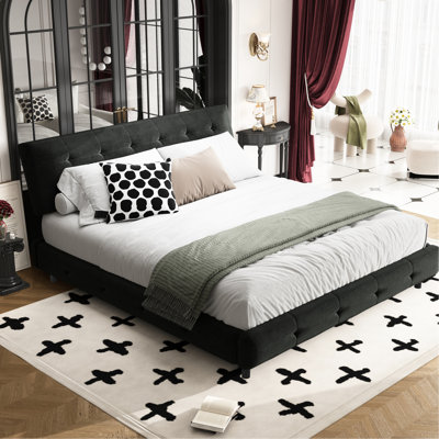 Cadre de lit King Size en chenille noire avec tête de lit et oreiller moelleux, sommier à lattes en pin massif pour un sommeil stable et confortable
