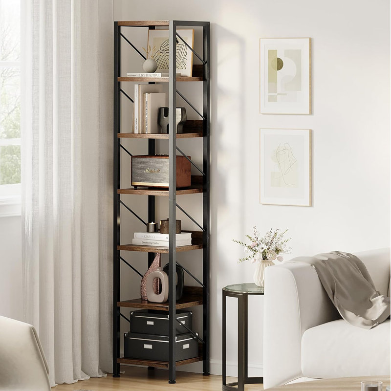 Narrow Bookshelf Tall Skinny Bookcase 6 Tier Storage Rack, Brown/Black