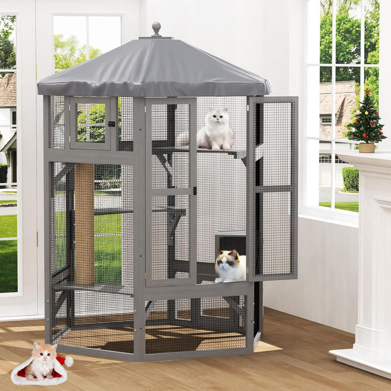 Enceinte de chat intérieure en bois Catio, enceinte intérieure Catio avec fenêtre d'accès, Gris