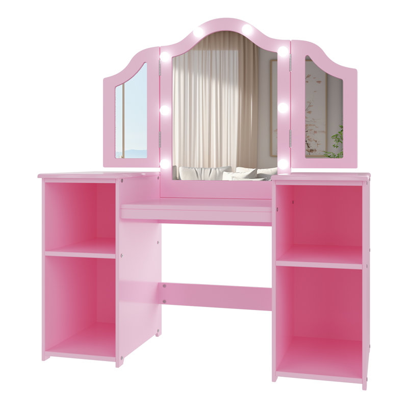 Ensemble de coiffeuse pour enfant Princess 2 en 1 pour fille - Miroir triple amovible avec lumière tactile - Rose