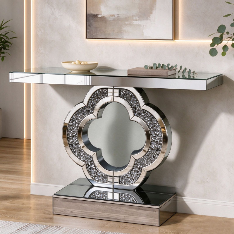 Console à miroir avec incrustation de cristal concassé en forme de trèfle, table d'entrée à miroir biseauté, canapé décoratif Glam pour vestibule de vestibule