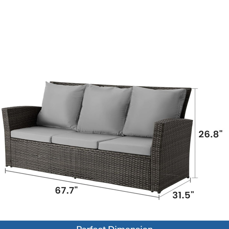 Patio 3 saisons 67,7 po avec coussins gris épais, structure noire, mousse haute et ergonomique