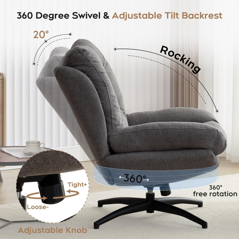 Jakirrah Upholstered Swivel Accent Chair with Ottoman, Gray