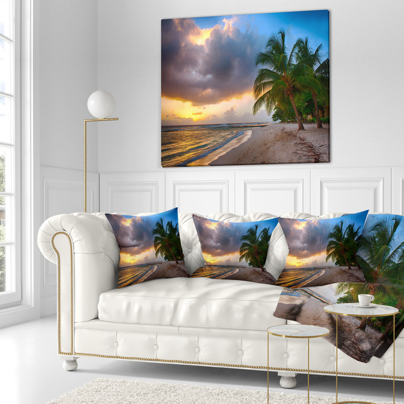 Coussin de seascape belle plage avec palmiers dans un coussin de barbade, 16 po x 1 po, Coussin décoratif