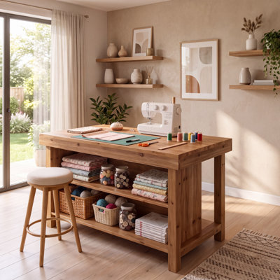 55 Inch Solid Wood Sewing & Craft Island Table with 3‑Tier Open Storage Shelves