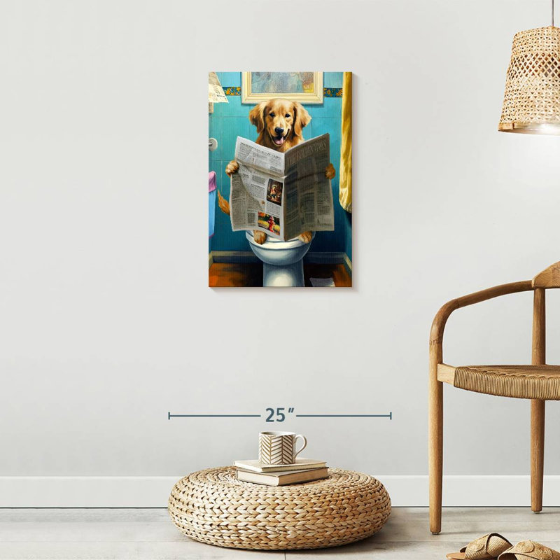 Golden retriever sur une toilette sur toile, H 24 po x l 16 po x P 1,25 po