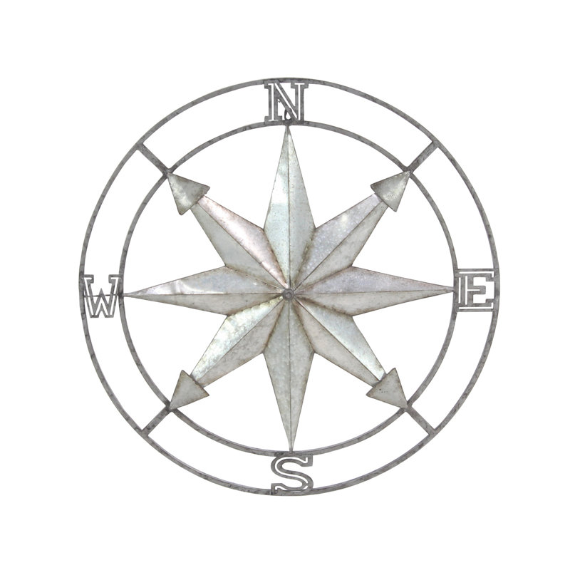 Silver and Copper Metal Compass Wall Sculpture, 35"