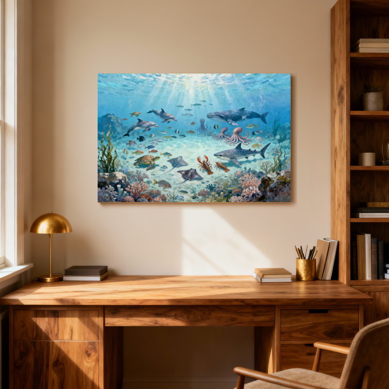 Animaux, scène de vie sous-marine avec des animaux marins, H 16 po x l 24 po