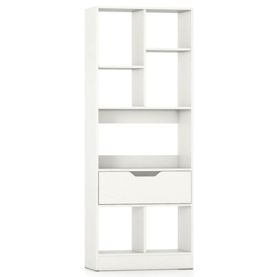1 PCS 51” Tall Bookcase with Drawer 7 Open Cubes Anti-toppling Kits for Study Home Office White