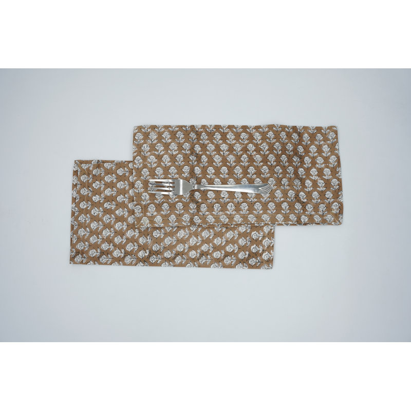 Fabdivine 18X18 Inch Floral Block Print  Durable Napkins for Daily Use, Brown Tarangini