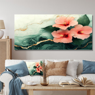 Corionna Hibiscus Flowers Field On A Emerald Stone II - Hibiscus Wall Art