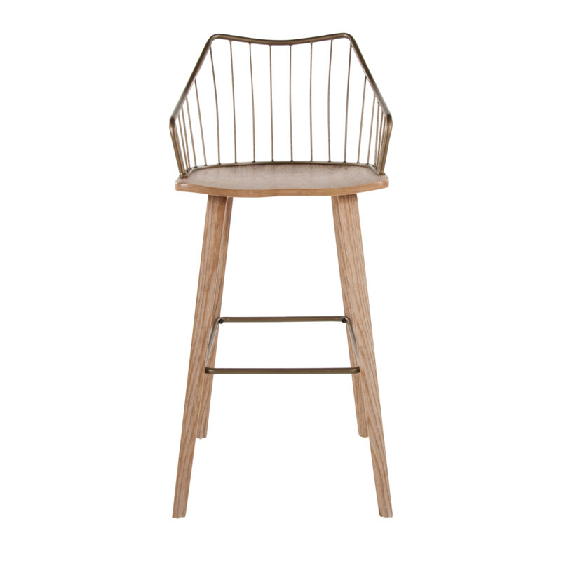 Tabouret de bar à hauteur fixe en bois blanchi et cuivre antique avec repose-pieds carré
