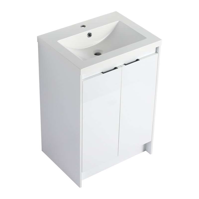Meuble-lavabo autoportant de 48 po avec lavabo en résine, 2 compartiments de rangement, portes à fermeture douce, contreplaqué blanc brillant, cellules d'organisation, fermeture