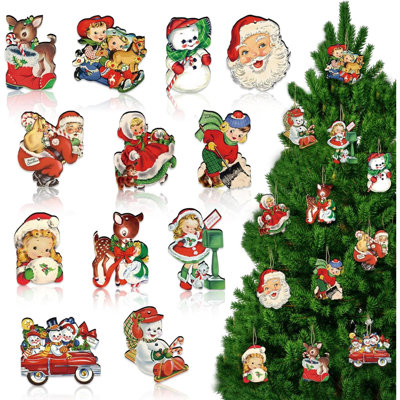 36 pièces d'ornements de Noël rétro pour décorations d'arbre - Découpes d'ornements rétro en bois avec fille, bonhomme de neige, père Noël, renne, décor de Noël pour arbre de Noël, maison, bureau