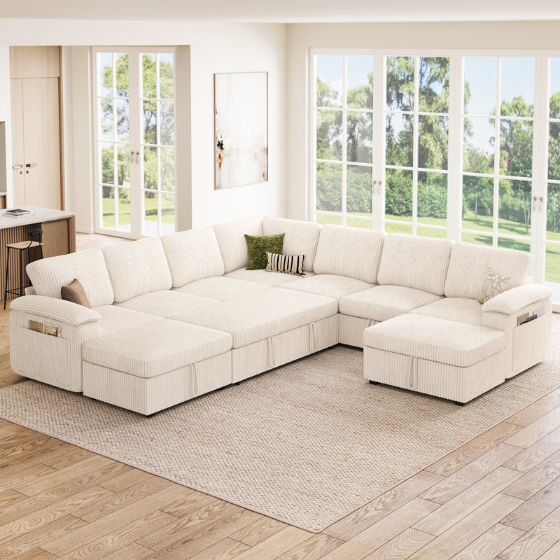 Canapé modulaire en U avec lit escamotable Kristi, canapé-lit modulaire avec rangement Kristi, Velours côtelé beige