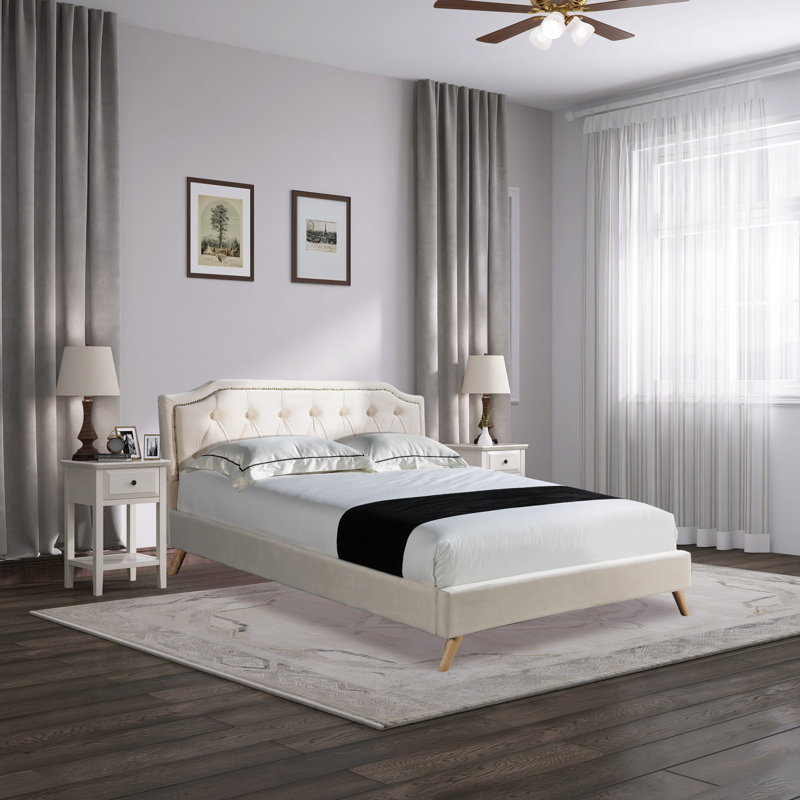 Lit plateforme tapissier capitonné Dilcia, Grand, Beige