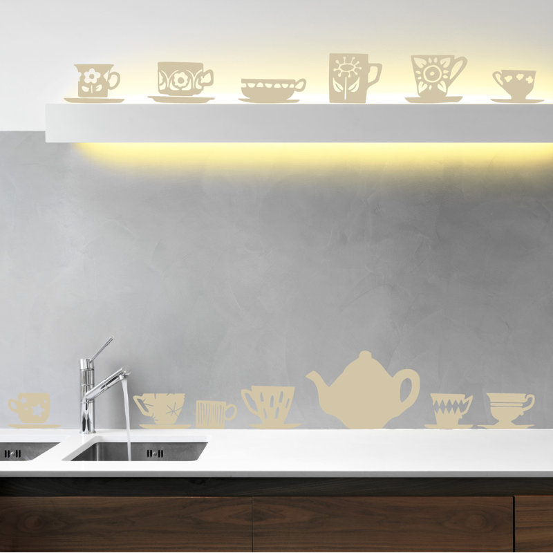 Décalcomanie murale tasses de thé, Beige, H 32 po x l 33 po x P 0,01 po