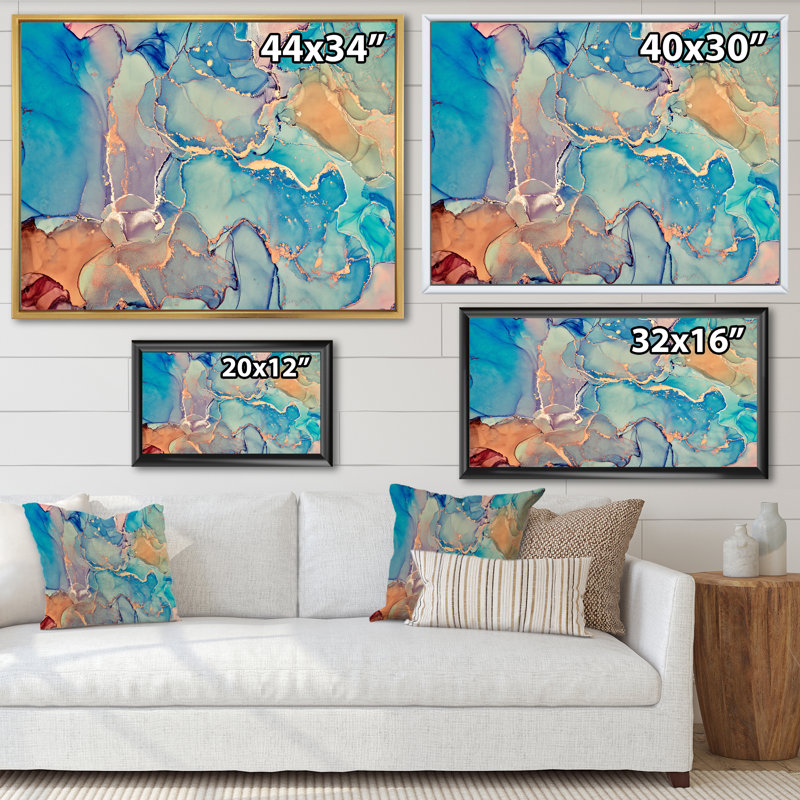 Encre liquide bleue et orange, reproduction sur toile, H 30 po x l 40 po x P 1,5 po, Cadre flottant blanc
