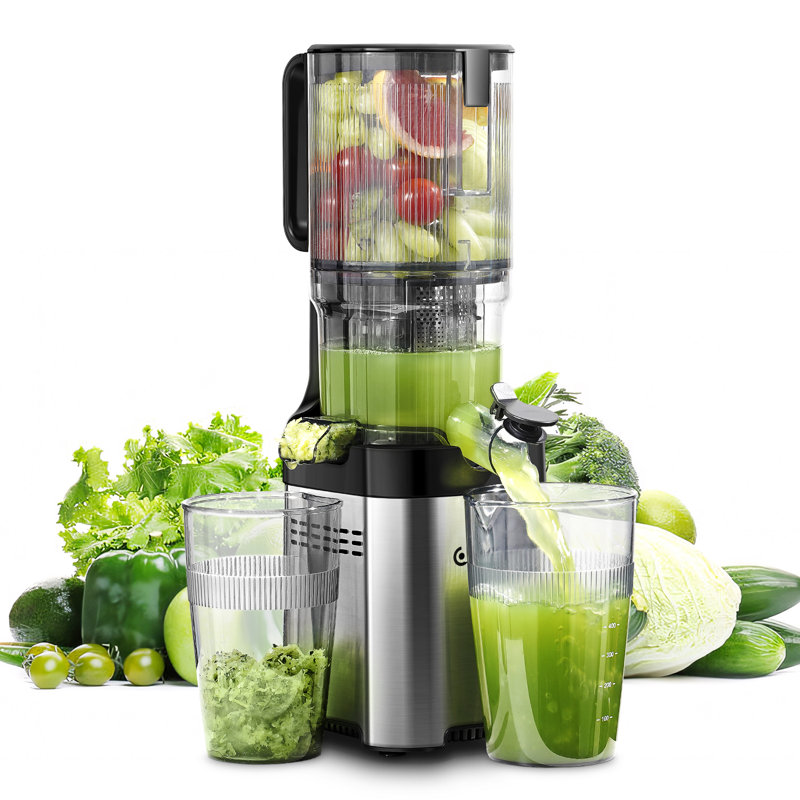 Extracteur de jus à pressage à froid AMZCHEF avec goulotte d'alimentation large de 5,2 po, extracteur de jus à mastication lente pour fruits et légumes entiers, conception en acier inoxydable, facile à nettoyer, rendement élevé en jus