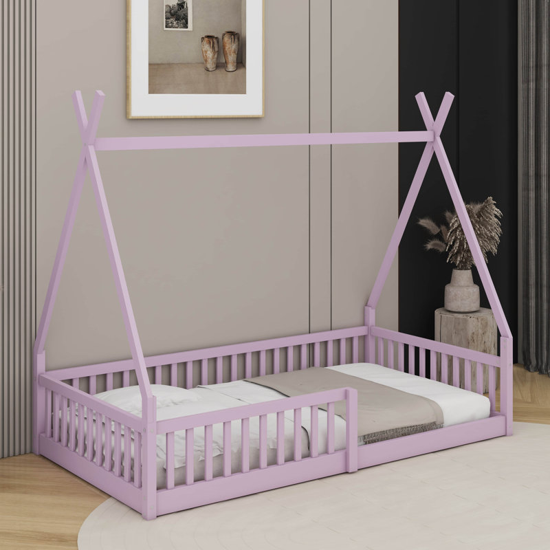 Lit simple en bois avec clôture, Rose