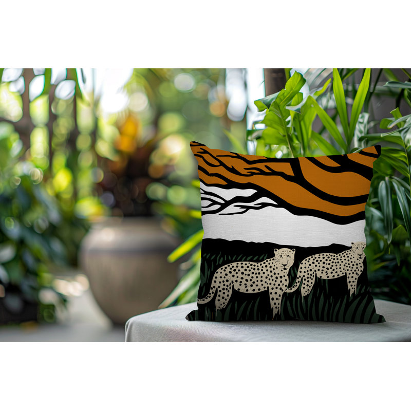 Oreiller carré réversible intérieur / extérieur Vold Leopard, Orange, Carré 18 po