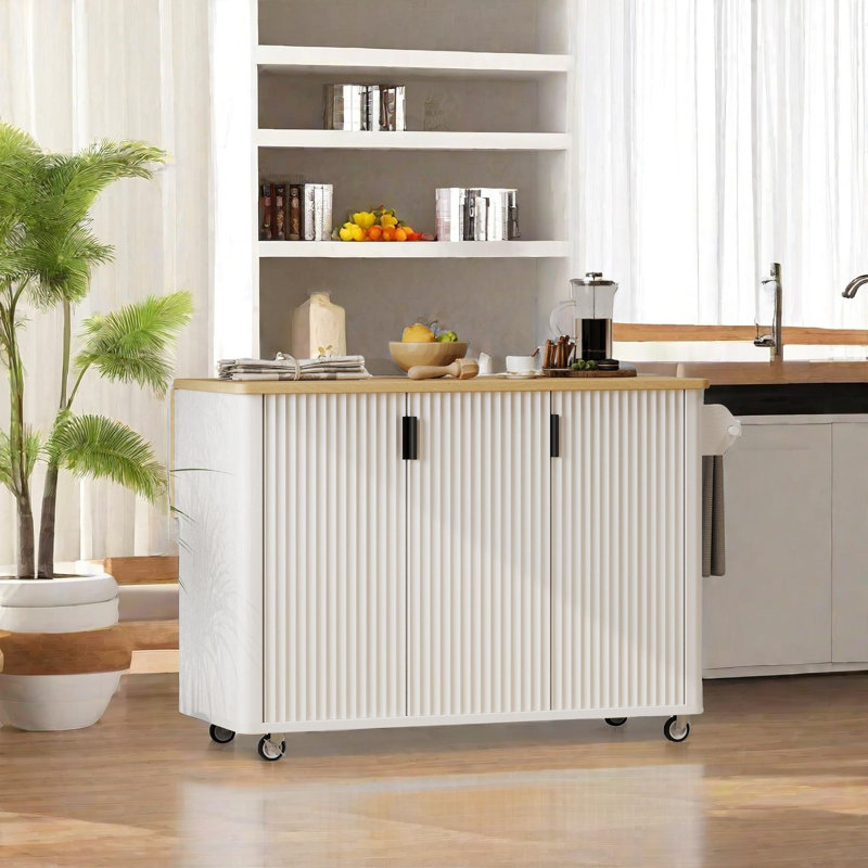 Fluted Kitchen Island with Drop Leaf, White