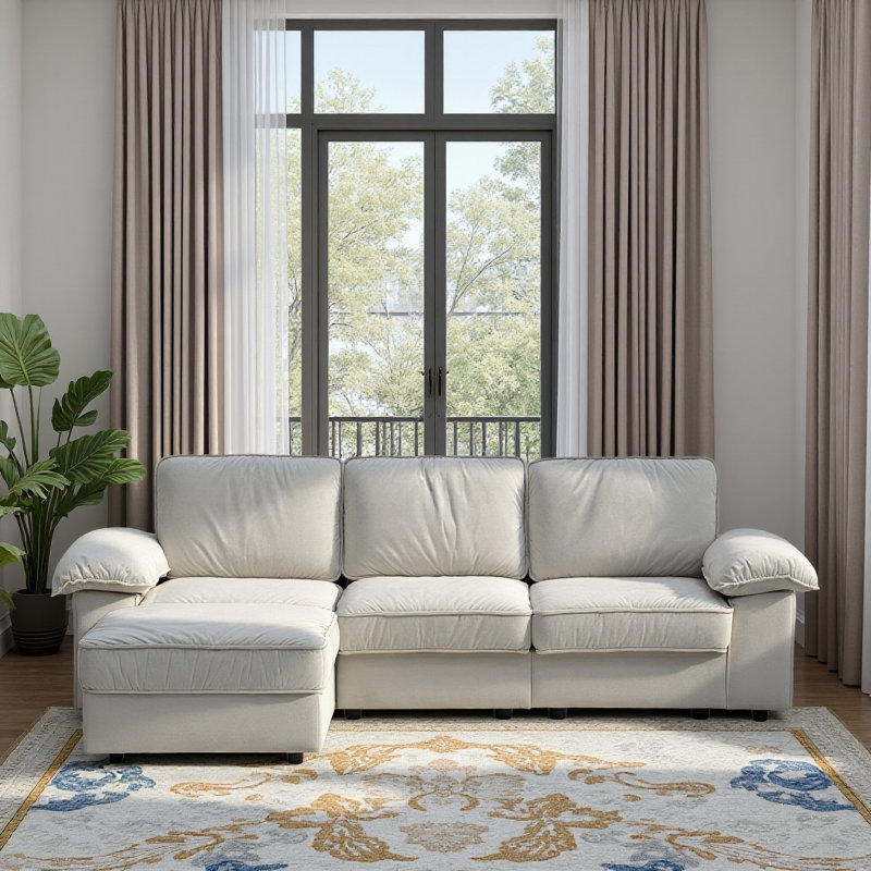 Canapé modulaire rembourré en L, Velours blanc crème