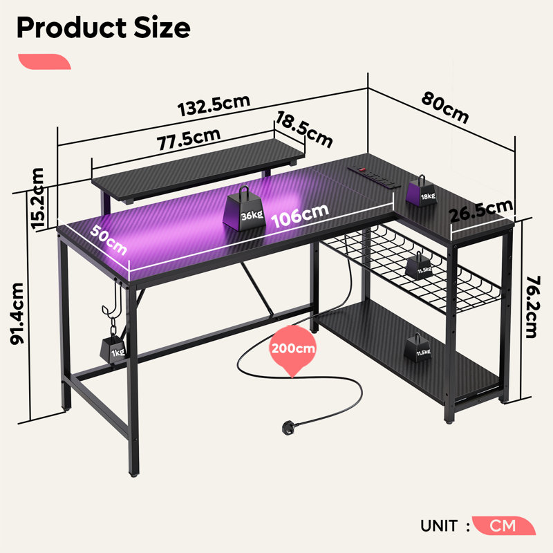 Baford L-shaped Computer Desk with Power Outlet, Gaming Desk with Monitor Stand and Shelves, Carbon Fiber Black/Black