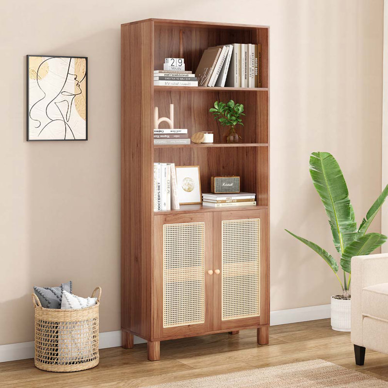 Bookcase with Rattan Doors,5 Tier Storage Wood Shelves, Natural