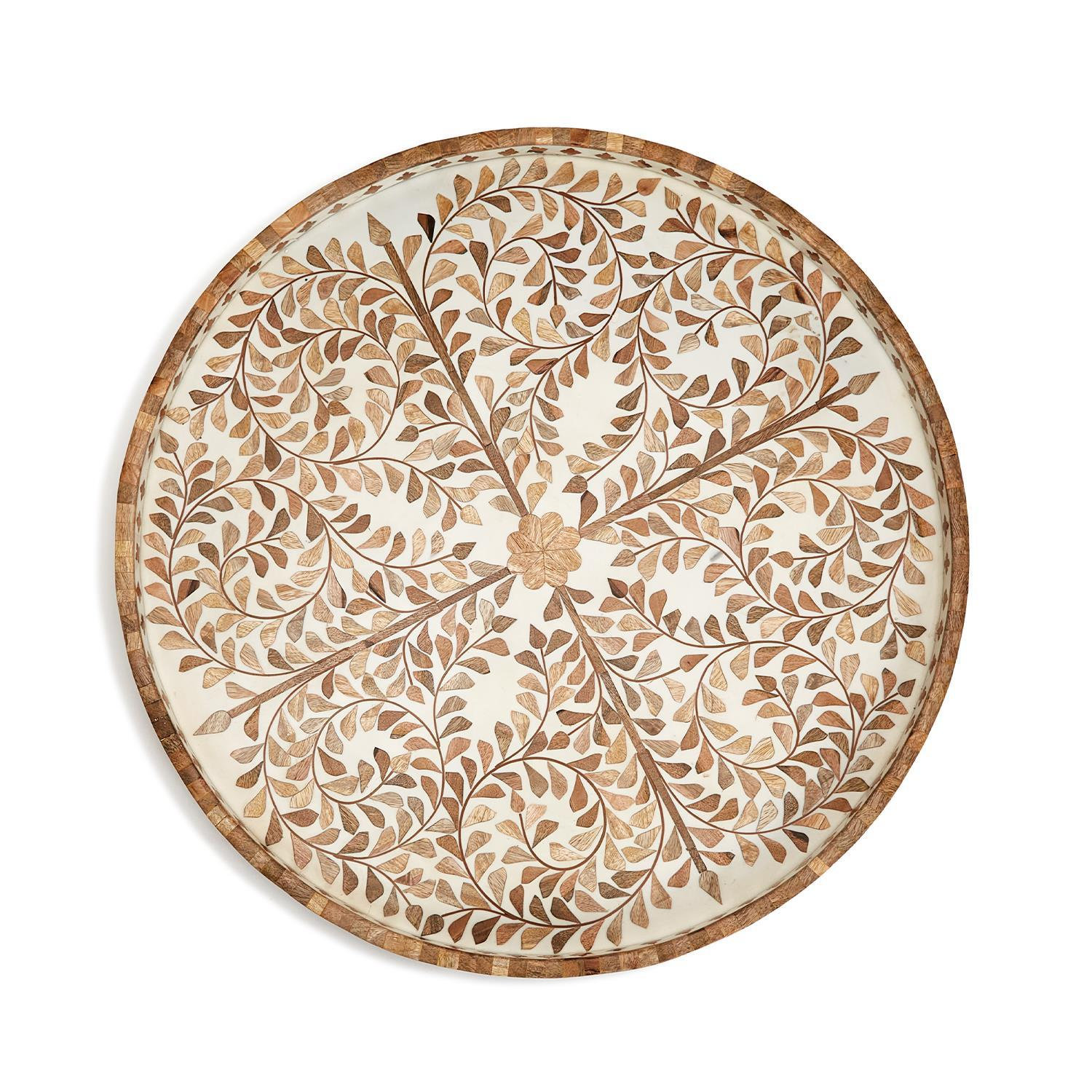 Mother of Pearl Decorative Tray, Floral, White/Brown, Manufactured Wood/Mango Wood/Resin
