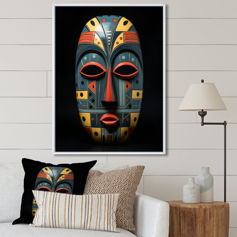 Masque africain tribal Izaiha - impression, Cadre flottant blanc, H 32 po x l 16 po x P 1 po