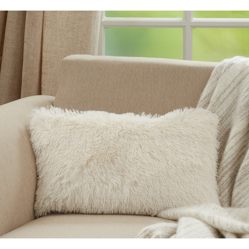 Ivory Faux Fur Rectangular Throw Pillow with Down Filling
