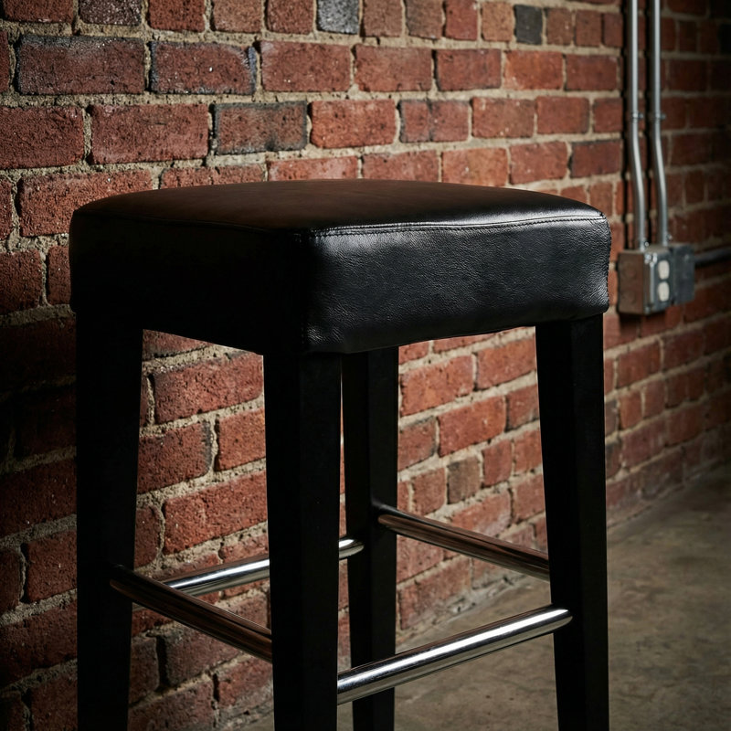 Genuine Leather Black Counter Stool, Solid Wood Frame