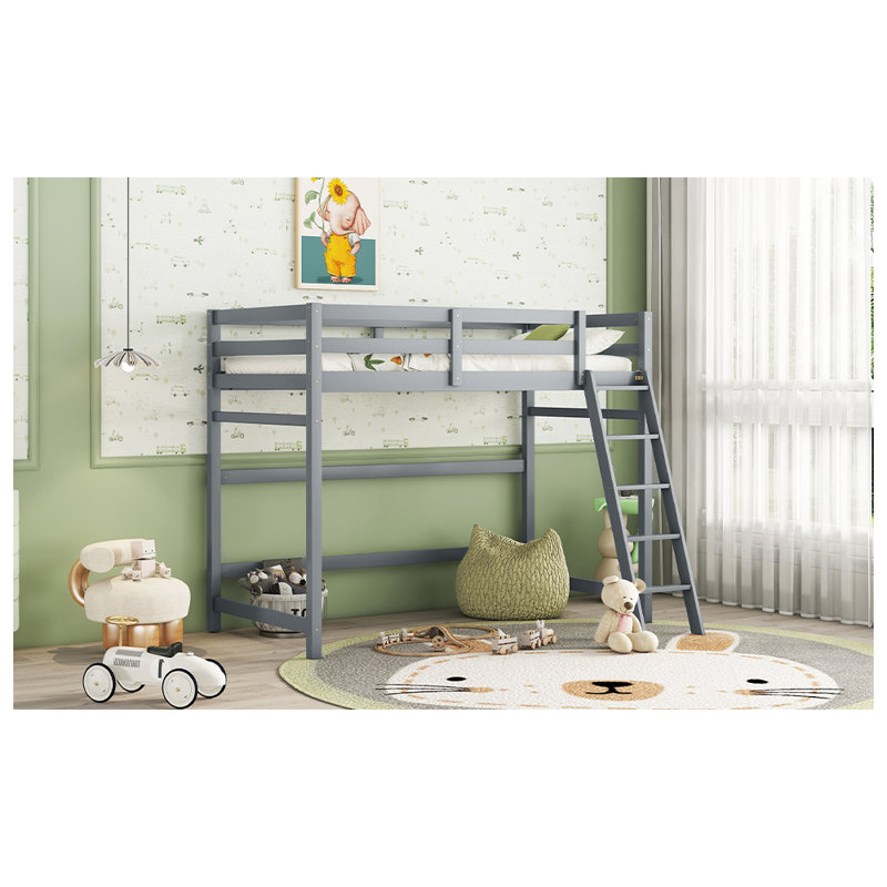 Lit mezzanine simple avec échelle inclinée, garde-corps, Gris