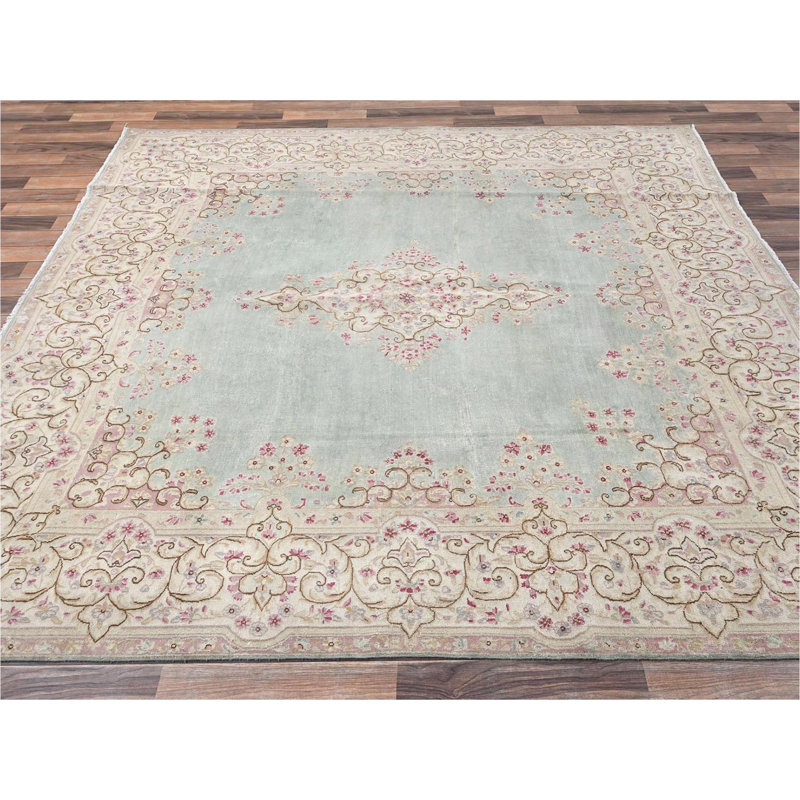 Tapis vert clair 7 pi 10 po x 8 pi 4 po vert clair noué à la main 100% laine de style Kerman persan rétro avec motif en médaillon champ ouvert
