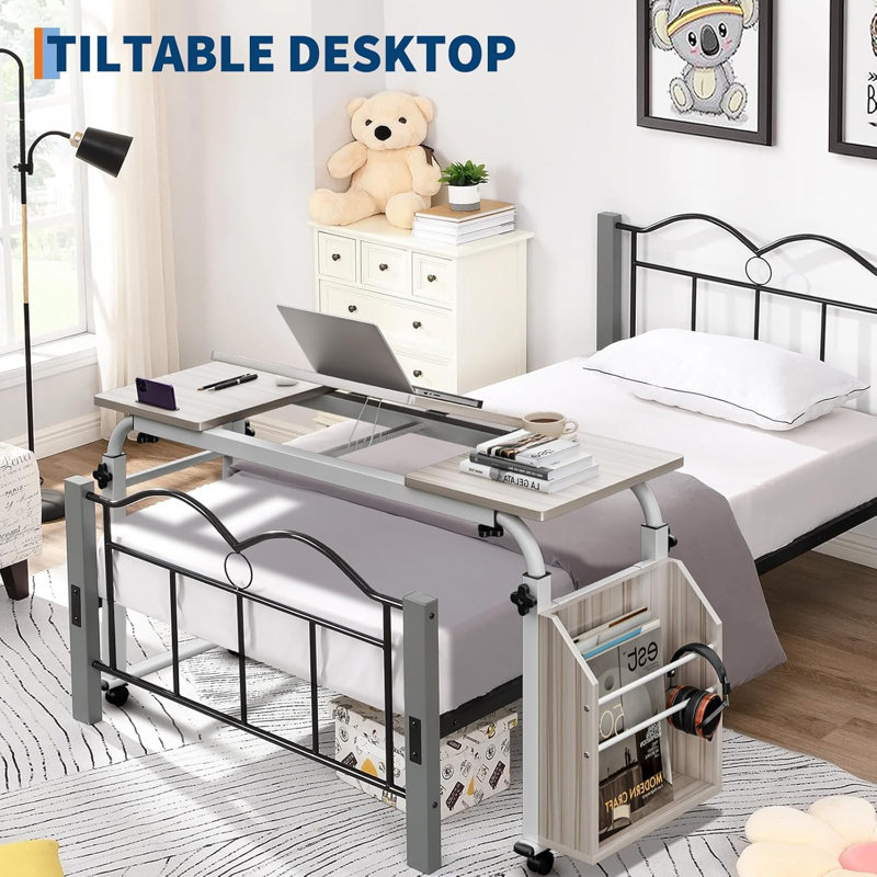 47'' Overbed Table with Wheels Adjustable Height and Length Over Bed Desk with Adjustable Tilt Board and Wheels, Cross-Bed Desk Hospital Heavy Duty Metal Leg Laptop Stand Tray