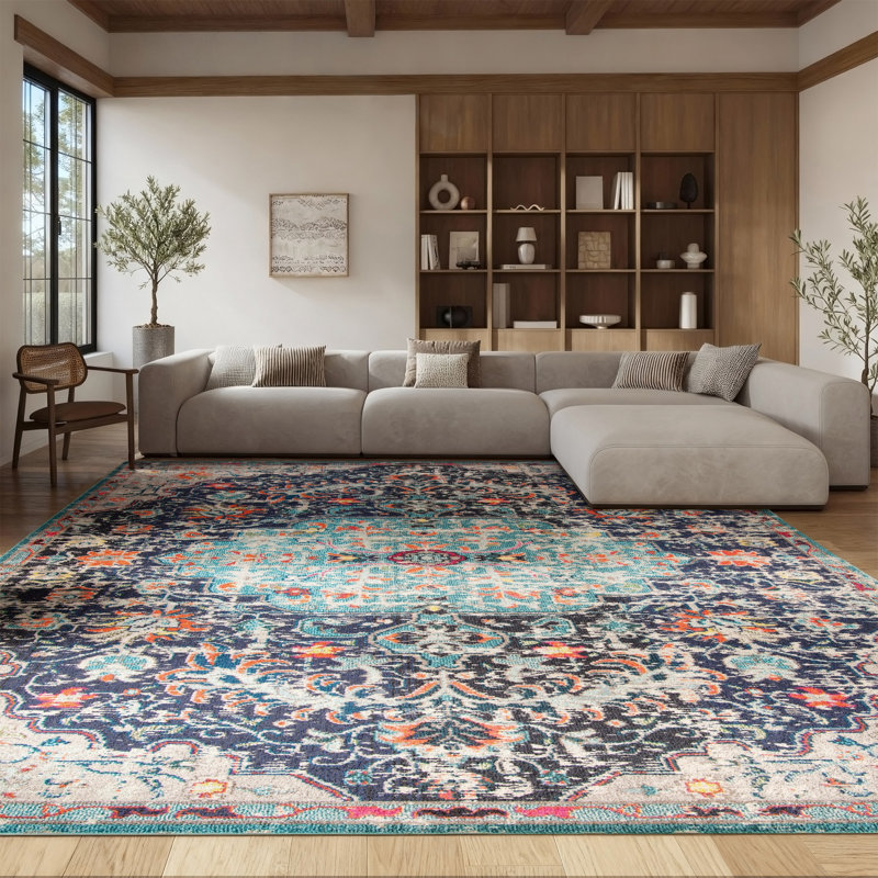 Felty Oriental Power Loom Polypropylene Area Rug in Black/Teal, Rectangle 8' x 10'