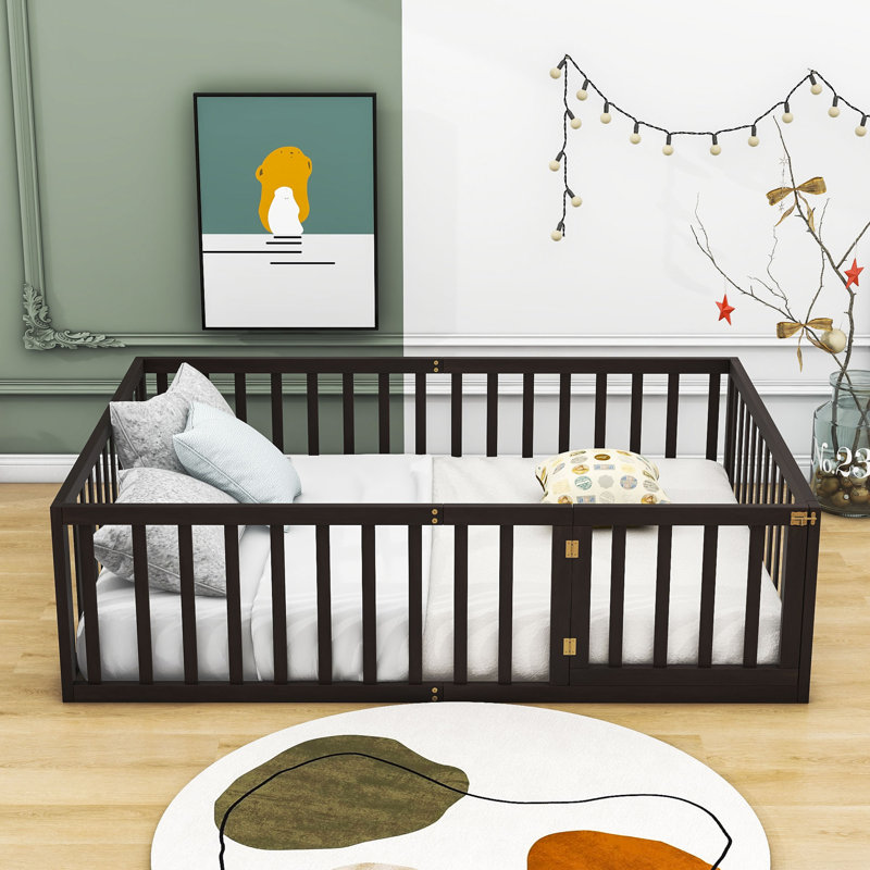 Hajer Wood Platform Bed with Fence and Door, Full, Walnut
