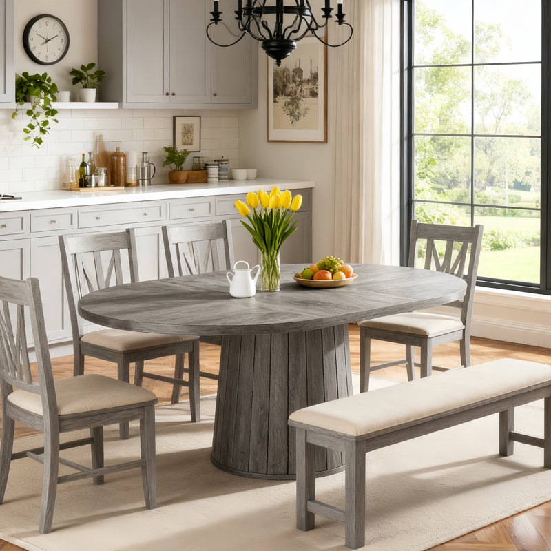 55 Inch Oval Dining Table With Wood Base For Dining Room, Kitchen, Gray/Gray Wood